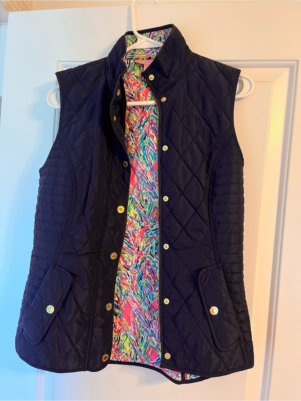 Lilly Pulitzer Navy Quilted Vest with Multicolor Lining
